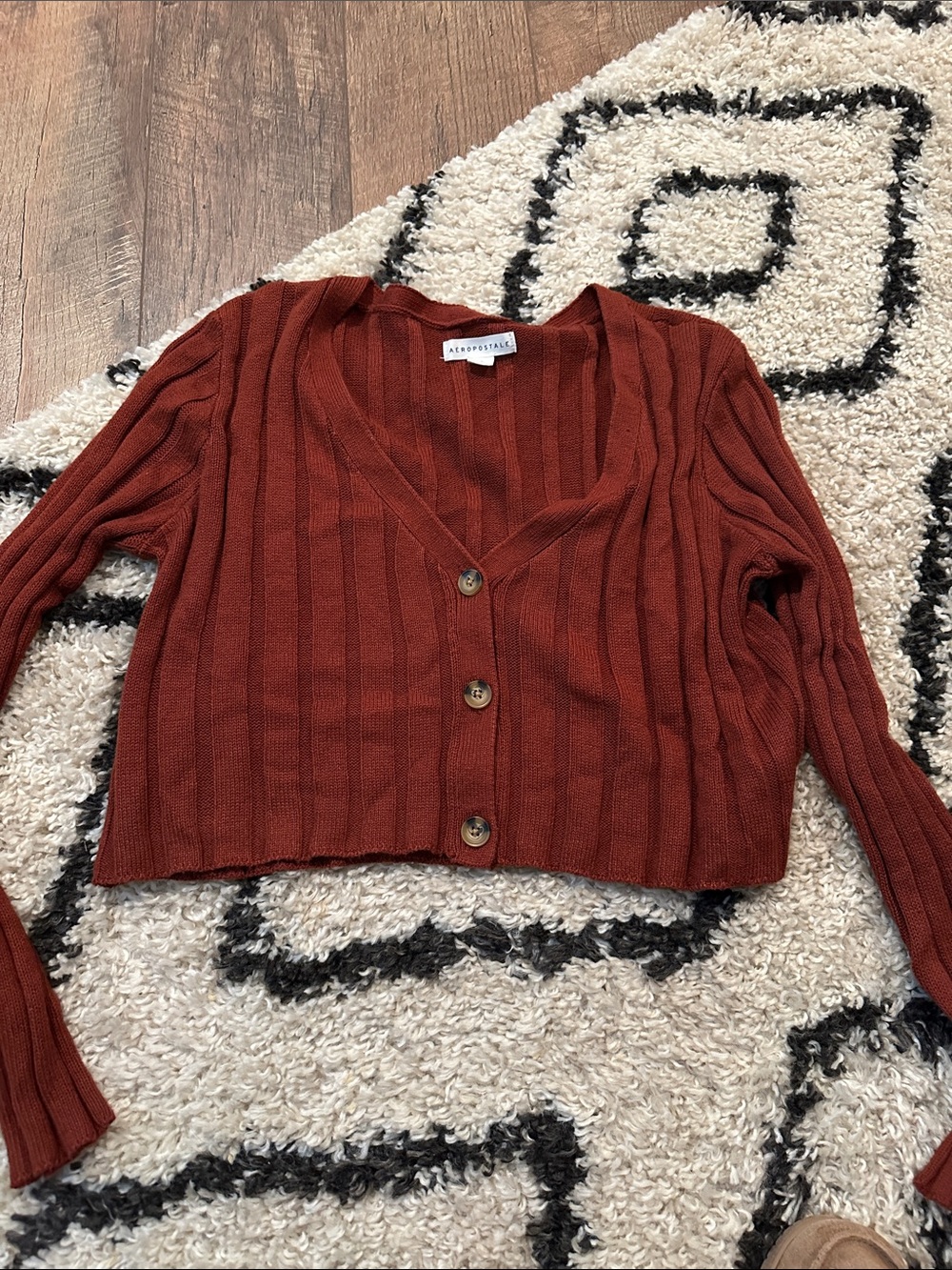 Aeropostale Women's Rust Cropped Ribbed Button Cardigan